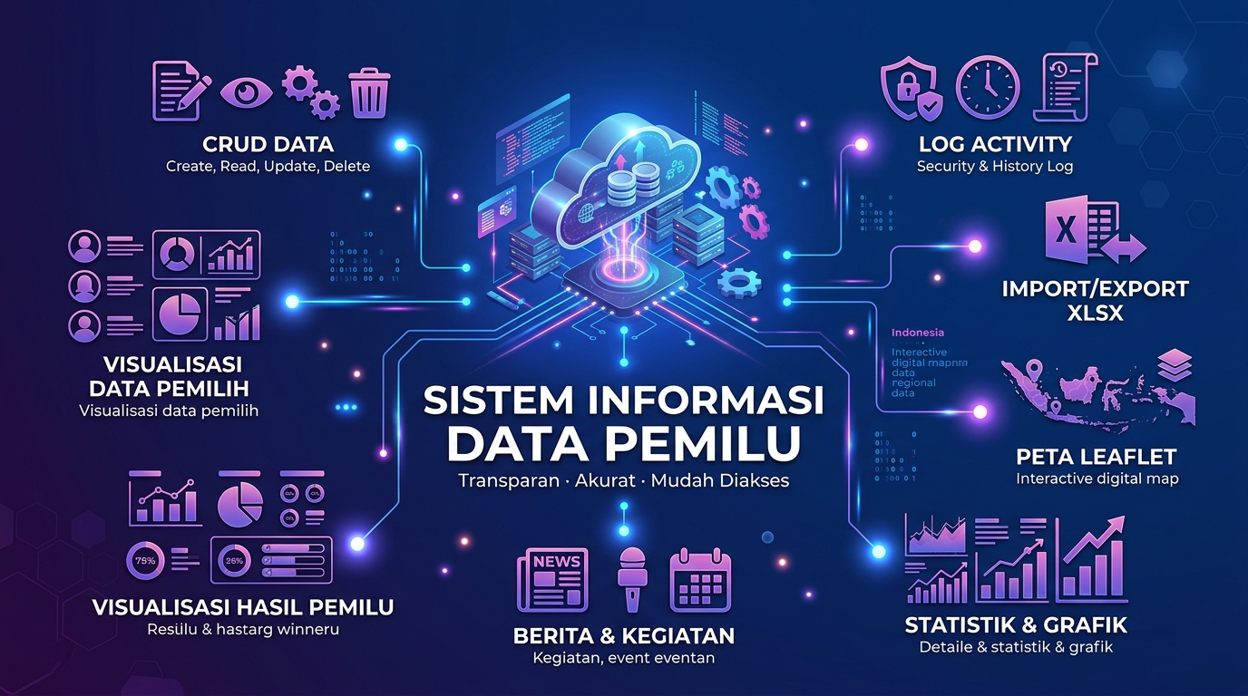 Sistem Informasi Data Pemilu KPU Kota Bandung dengan fitur visualisasi grafik dan peta interaktif.